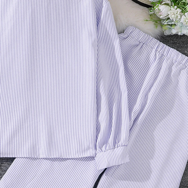 Spring Hot Sale Kids Outfit 4-12 Years Girls Striped Long Sleeve Chemise + Casual Loose Straight Leg Pants Shirt Suit 2Pcs Set.