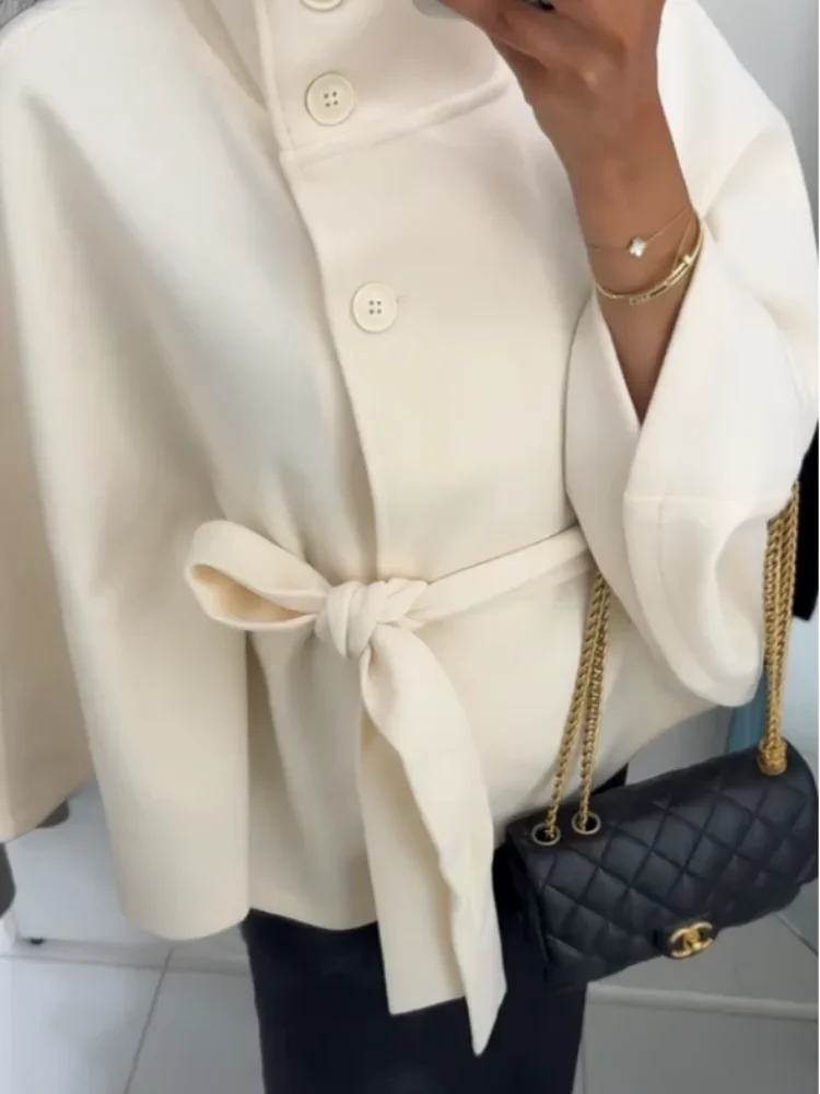 Damen-Jacke aus Wolle mit weißem Bund, elegant, langärmelig, Stehkragen, einreihig, Oberbekleidung, 2025, neuer Straßen-Outdoor-Mantel.