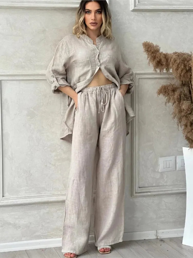 Spring Autumn Two Piece Sets 2024 Women Casual Long Sleeve Pocket Shirts 2 Piece Set Fashion Loose Wide Leg Pants Suit Outfites.