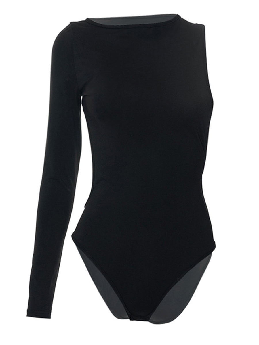 Women Spring Summer One-Side Long Sleeve Off Shoulder Backless Solid Color Casual Party Bodysuit Black Tops.
