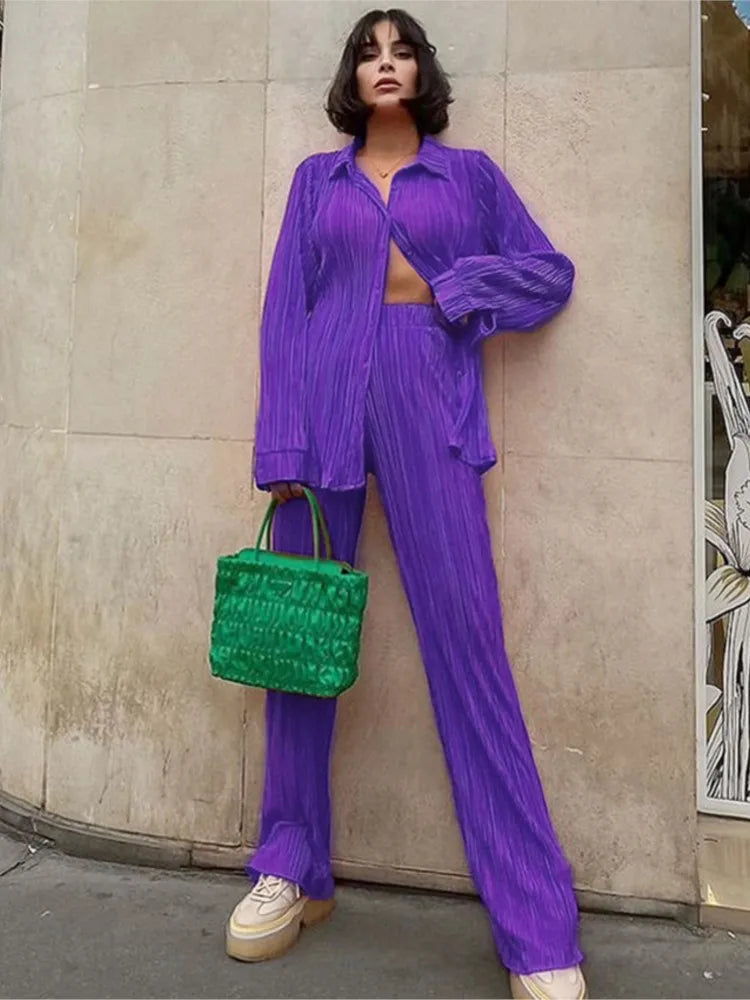 2024 Spring Autumn Women's New Solid Color Button Shirt Long Sleeve Drop Feel Loose Soft Wrinkle Casual Two Piece Set.