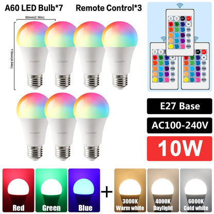 E27 RGB LED Bulb Base 24 Key Remote Control Dimmable 10W RED Blue AC220V 110V Colorful Change for Bedroom Living Room Desk Lamp