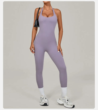 Yoga Jumpsuit Sports Fitness Peach Hip Halter Neck Backless Pants Bodysuit Outdoor Dance Jumpsuit Tight Yoga Wear for Women.