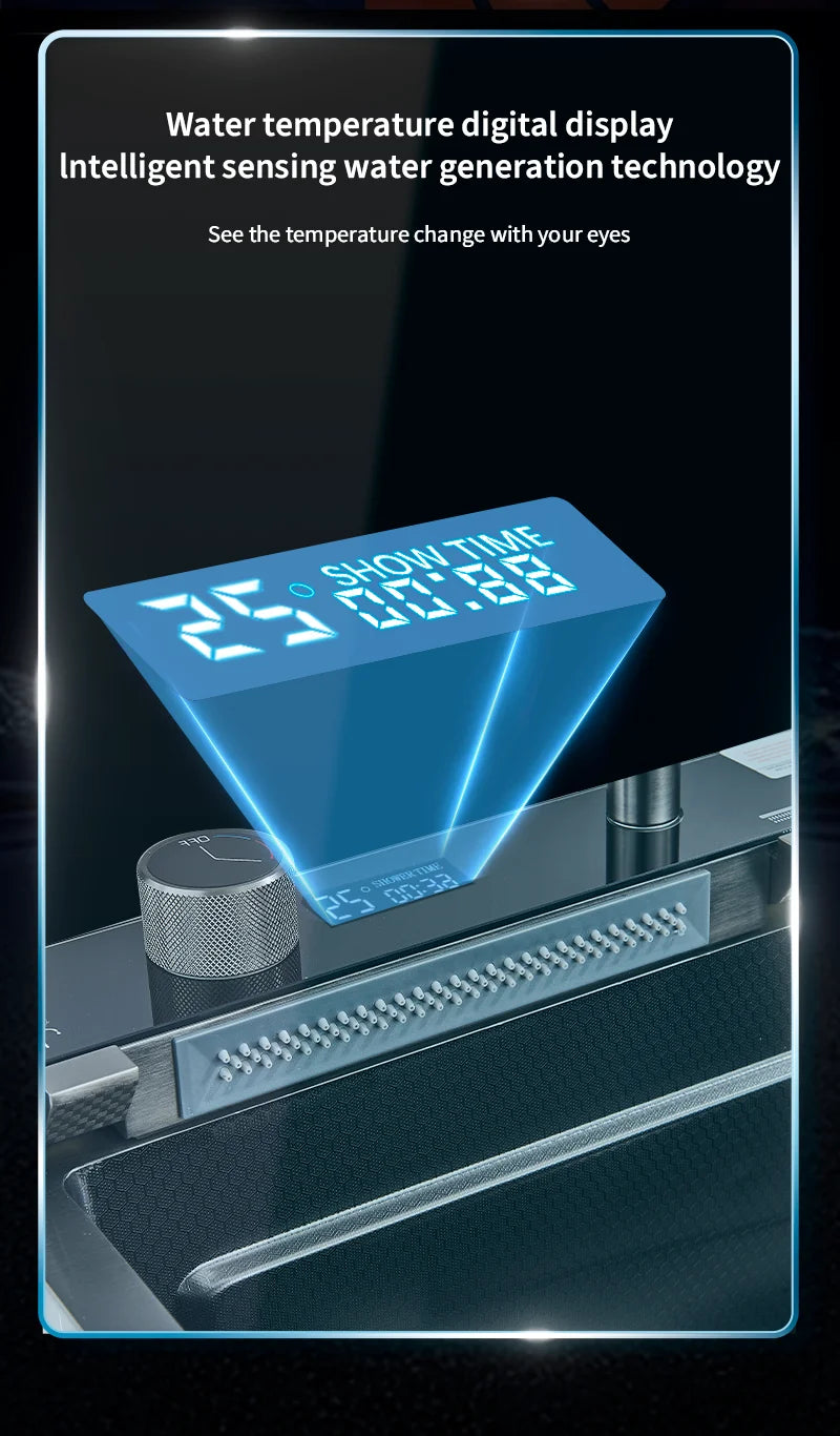 Wasserfall-Küchenspüle aus Edelstahl 304, großes Einzelschlitz-Wasserhahn-Set mit integrierter Digitalanzeige, Seifenspender, Tassenwascher