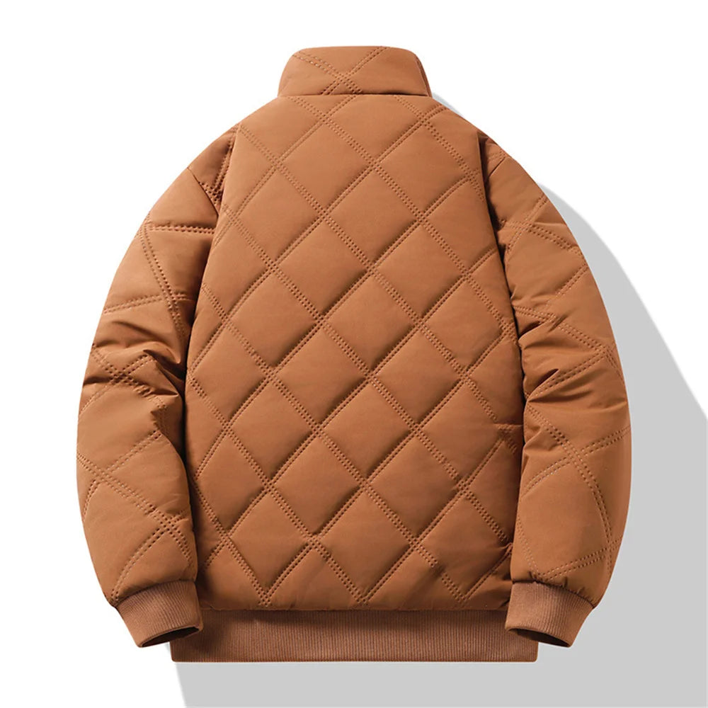 New Windproof Thermal Diamond-Quilted Cotton Jacket Winter Men's Fleece-Lined Thickened Cuff Design Stand-Up Collar Jacket.