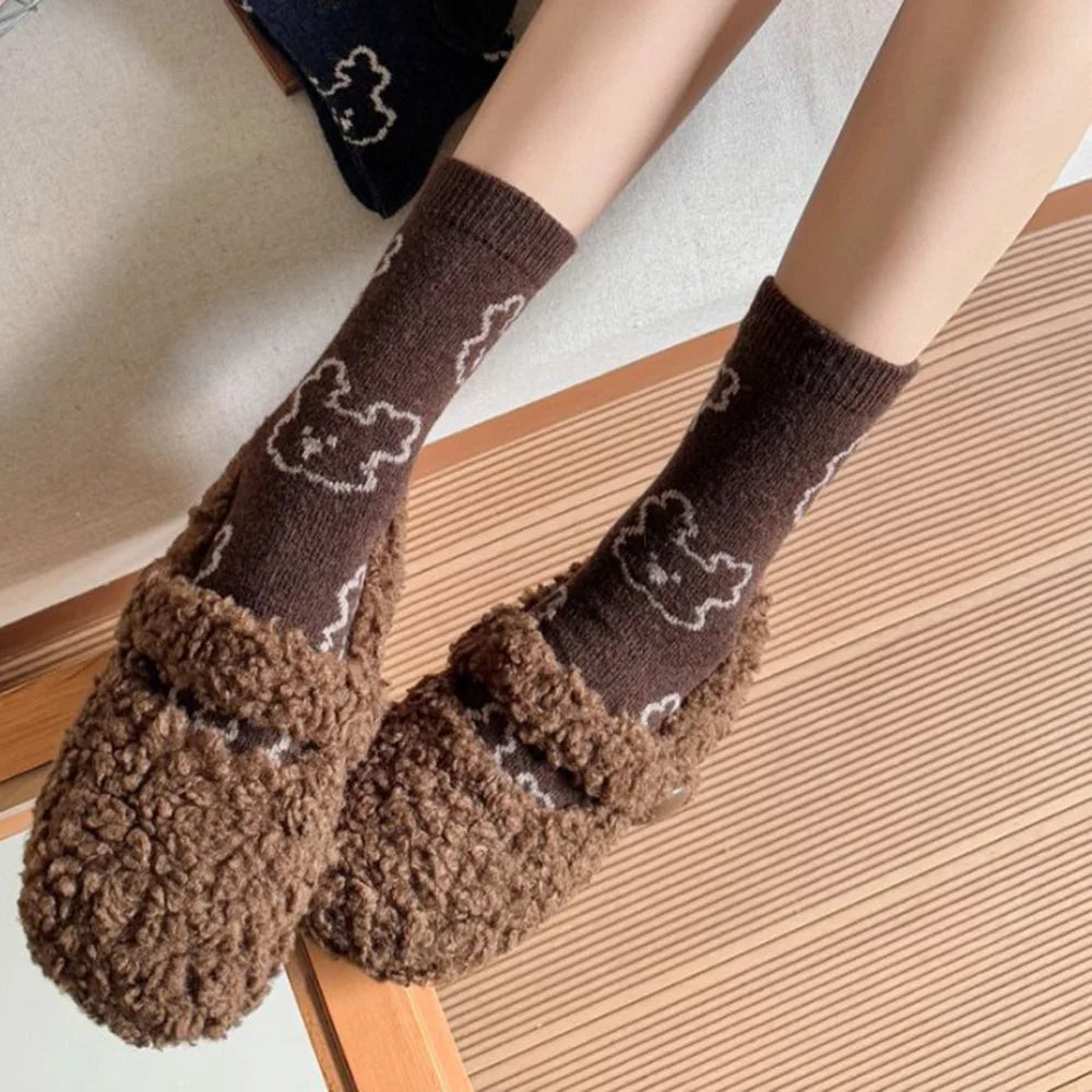 Christmas Gift Socks Women Winter Keep Warm Wool Socks Cute Bear Cartoon Happy Funny Kawaii Daily Streetwear Woman Floor Socks.