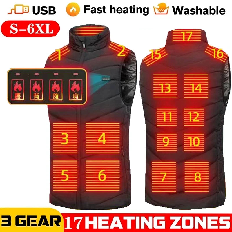 Men USB Infrared 17 Heating Areas Vest Jacket Men Winter Electric Heated Vest Waistcoat For Sports Hiking Oversized 5XL.