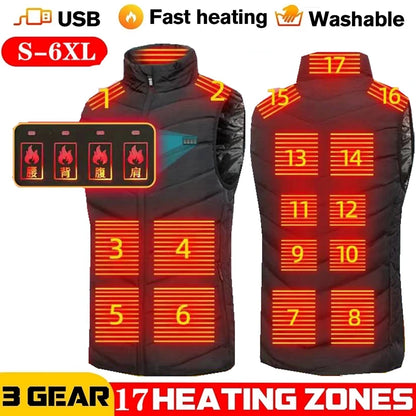 Men USB Infrared 17 Heating Areas Vest Jacket Men Winter Electric Heated Vest Waistcoat For Sports Hiking Oversized 5XL.