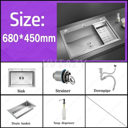 Handgefertigtes silbernes Küchenspülbecken aus Edelstahl 304, herunterziehend, Einzelschüssel-Waschbecken mit Abflussset