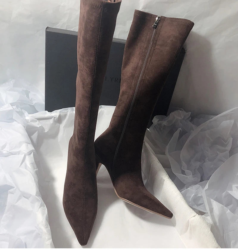 Women Stretch Modern Long Boots Fashion Pointed Toe Knee High Booties Designer High Heels Shoes.