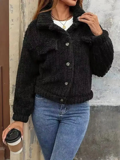 VigoCasey 2025, Herbst Winter Frauen Schwarze Jacke Einreiher Langarm Dicken Plüsch Warme Mantel Solide Dame Beiläufige Kurze Mantel.