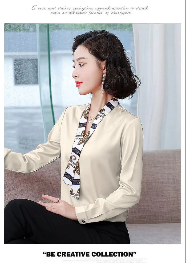 Women's fashionable streamer tops fashionable and elegant small fragrance style covering the belly satin shirt