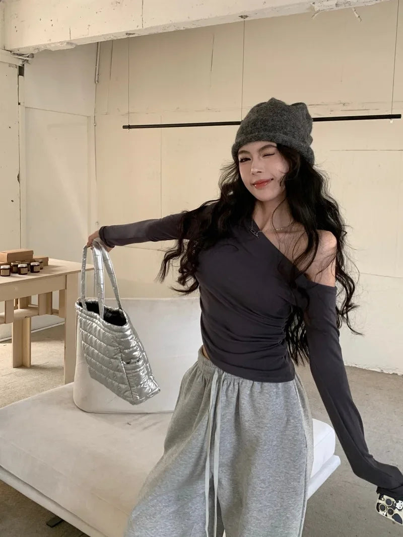 SexySpicy Girl Style Blackoff-the-Shoulder Long Sleeve T-shirt Slimming Smooths Your Silhouette Nefarious Crossbody Top For Wome