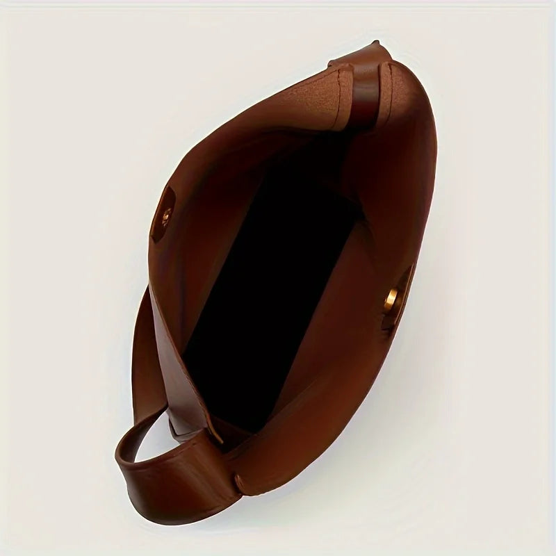 Women's Fashion Tote Bag, Minimalist Shoulder Handbag, Retro Faux Leather Bucket Bag, Polyurethane Lining, No Print.