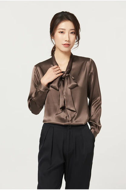 Heavyweight Mulberry Silk Shirt Women's 2025 Spring And Autumn New Long Sleeve Satin Silk Blouse V-neck Bow Ribbon Shirt