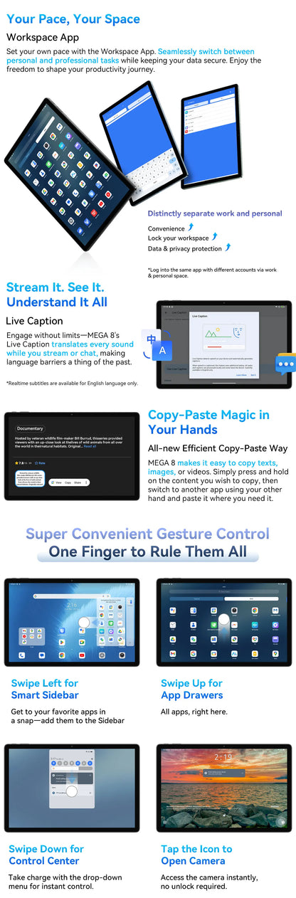 Blackview MEGA 8 Tablet 13‘’ 2K FHD Display, Octa Core T620 Android 15, 12GB RAM, 512GB ROM, 50MP + 13MP Camera, 11000 mAh