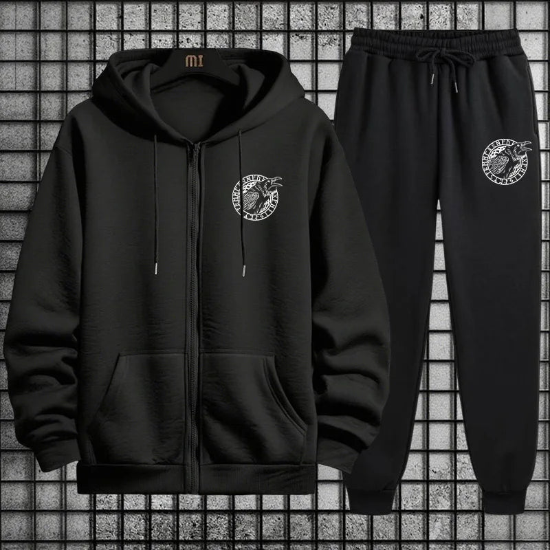 Viking Raven Print Mens Casual Tracksuit Set 2025 New 2 Pieces Zipper Hoodie with Pants Urban Streetwear Outfit Autumn Winter.