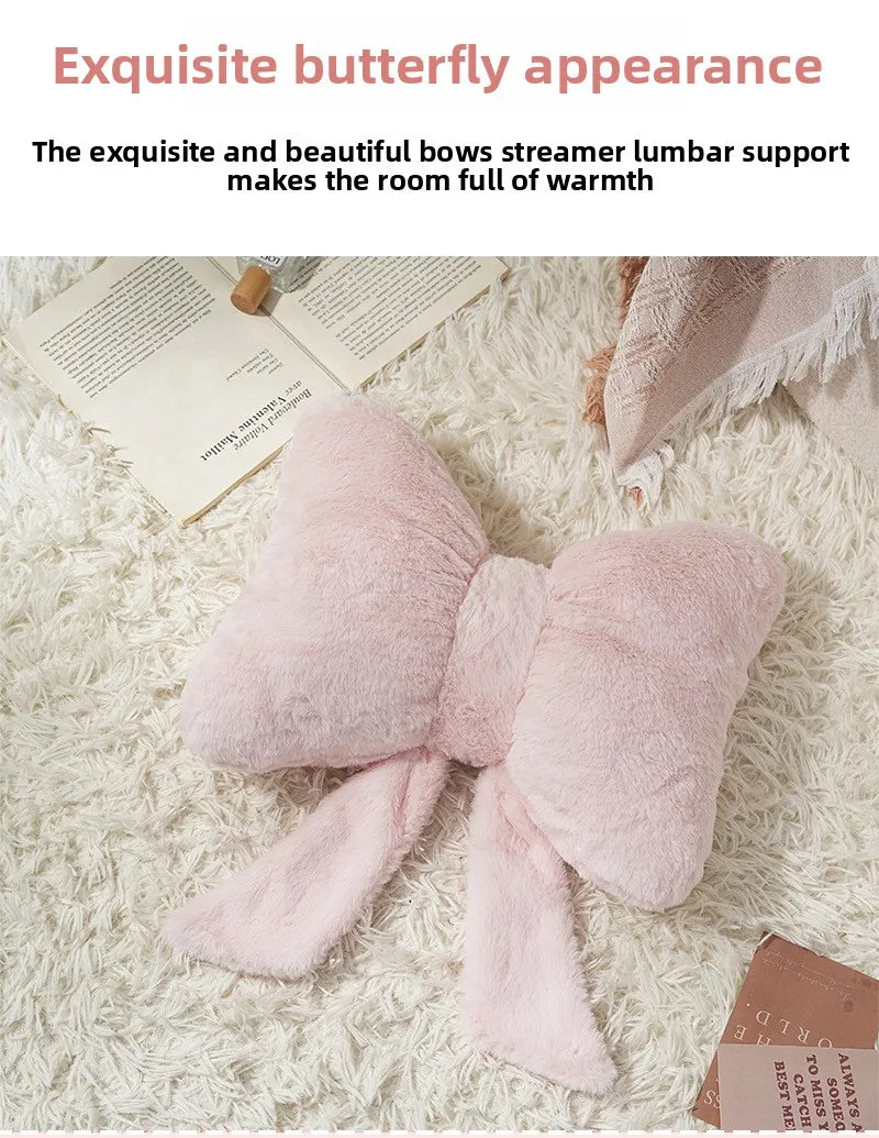 Pink bow ribbon couch pillow imitation rabbit fur comfortable car seat cushion ins style simple all-match back cushion.