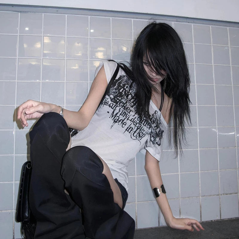 Karrram Japanese Y2k Letter Print T-shirt Trashy 2000s Style Tattoo T Shirt Vintage Harajuku Short Sleeve Sheer Tops Grunge Goth.