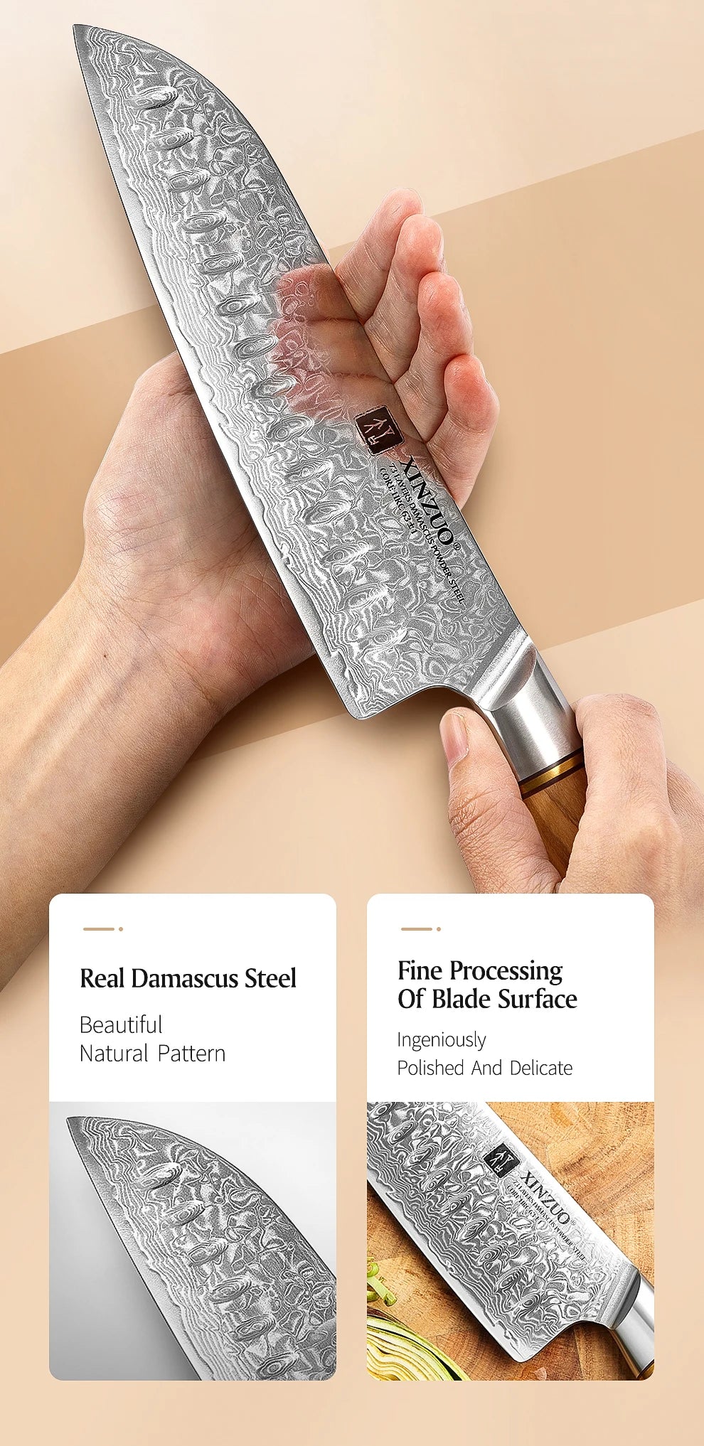 XINZUO 1-8pcs Kitchen Knife Set 73 Layers Custom Damascus Steel 15°±1 Per Side Steel Blade with Olive Wood Handle.