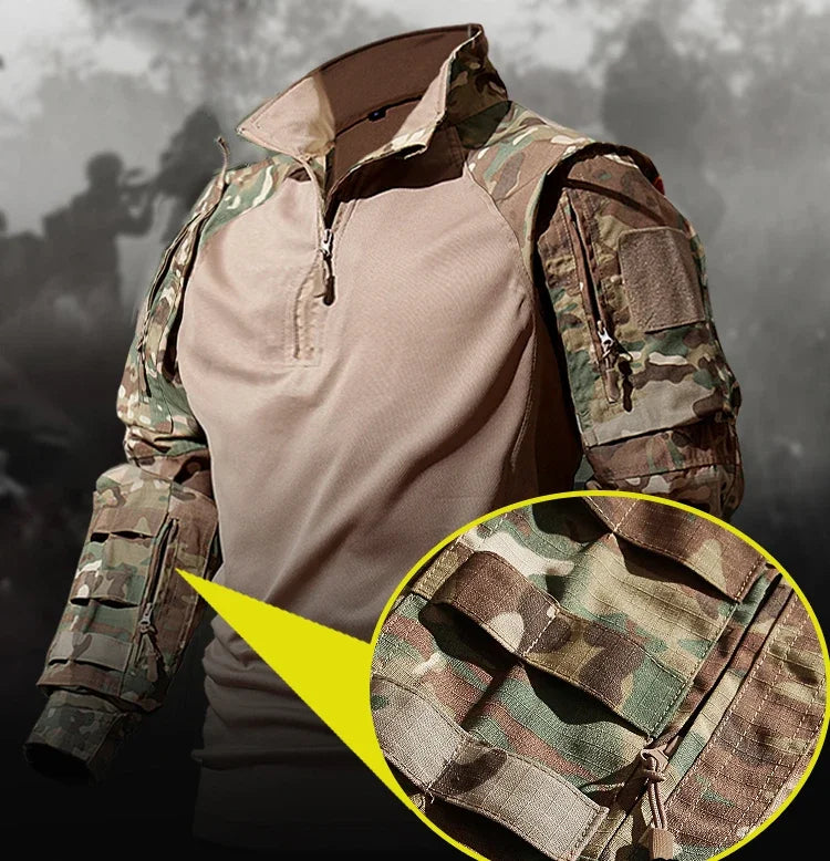 Autumn Tactical Sets Men Outdoor Breathable Short Sleeve Tshirt+Waterproof Straight Pant 2 Pcs Suits Camo Multi-pocket Cargo Set.