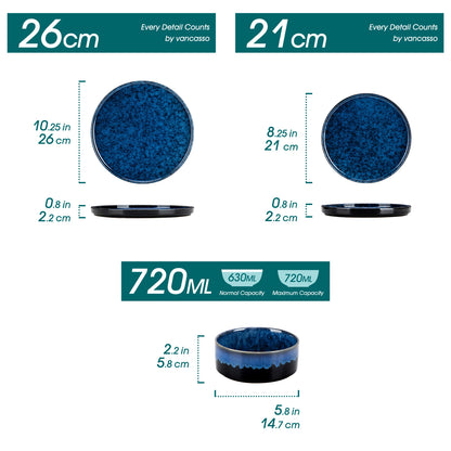vancasso 12/24 Piece Dinner set Black Blue Reactive Glaze Vertical edge Dinnerware set with 4PCS Dinner Plate/ Dessert/Bowl.