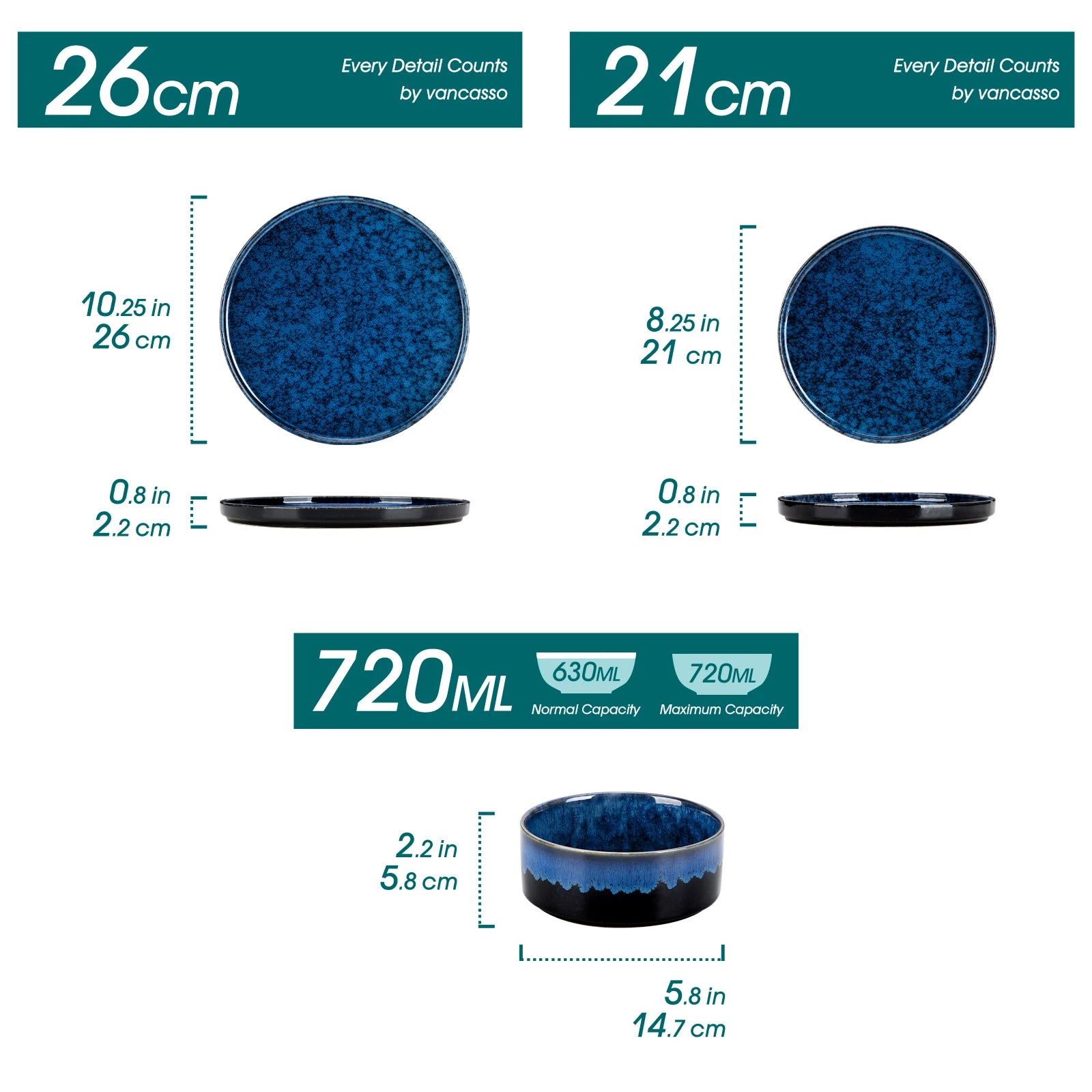 vancasso 12/24/36Piece Dinner set Black Blue Reactive Glaze Vertical edge Dinnerware set with 4PCS Dinner Plate/ Dessert/Bowl.