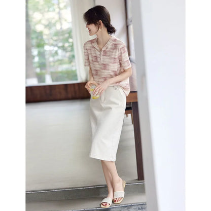 Elegant and Versatile Smudged Hooded T-shirt for Women's Simple Semi-zipper Casual Short-sleeved Top.