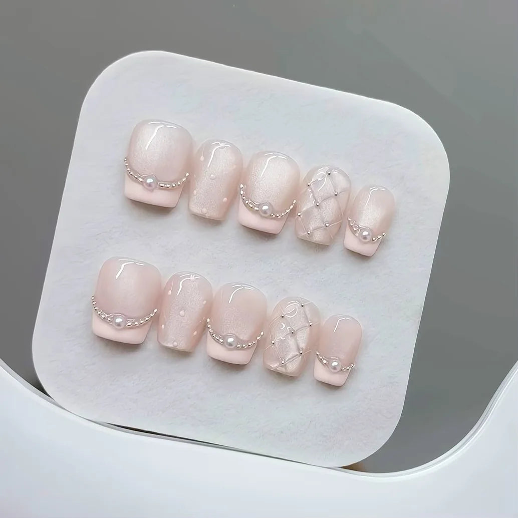 10pcs Handmade Press on Nails Plaid Pearl French Cat's Eye Aurora Fishtail Full Coverage Nail Tip for Women&Girl Removable Nail.