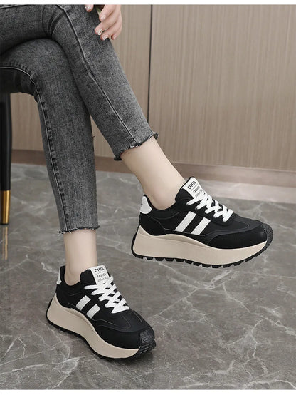 Spring Thick Bottom Women's Shoes 2025 Summer Casual Patchwork Leather Sneakers Casual Vulcanised Shoes Ladies Chaussure Femme