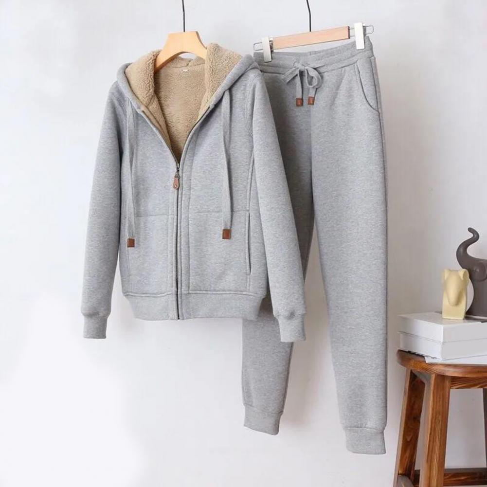Women's Sweatshirt Pants Suit Autumn and Winter Warm Long-sleeved Fleece Thick Hoodie Coat Jogger Pants Sportswear Two-piece Set