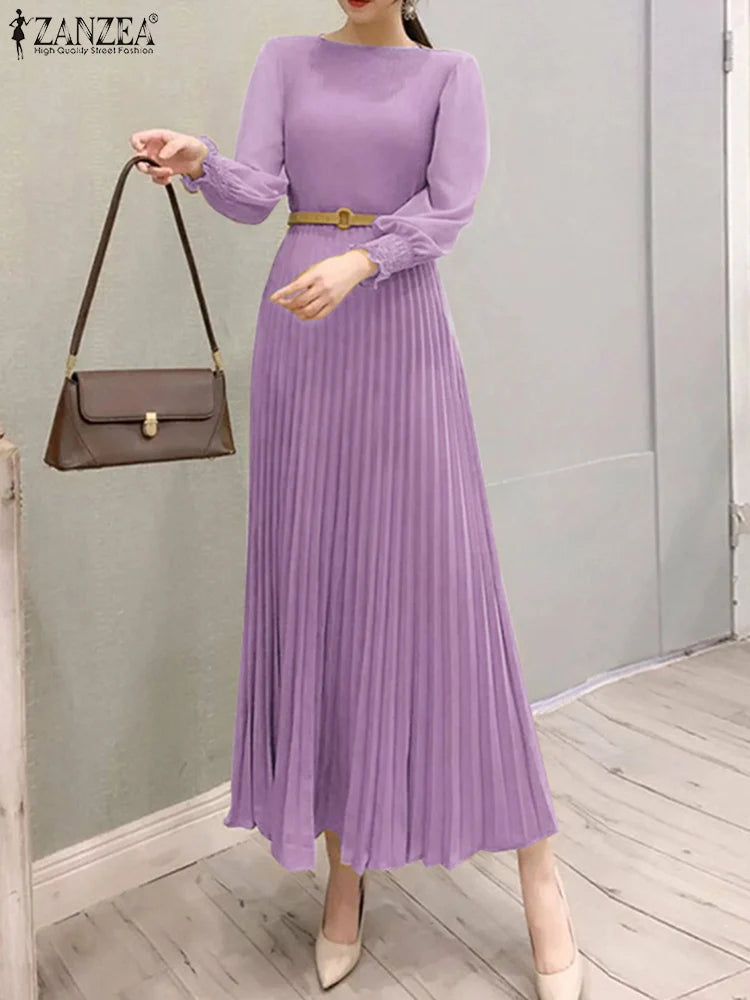 ZANZEA Elegantes Damen-Plisseekleid, edel, gesmokte Bündchen, langärmelig, O-Ausschnitt, Fit und Flare, lang, Vestidos, Pendeln, solide Party-Roben.