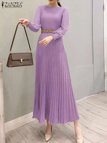 ZANZEA Elegantes Damen-Plisseekleid, edel, gesmokte Bündchen, langärmelig, O-Ausschnitt, Fit und Flare, lang, Vestidos, Pendeln, solide Party-Roben.