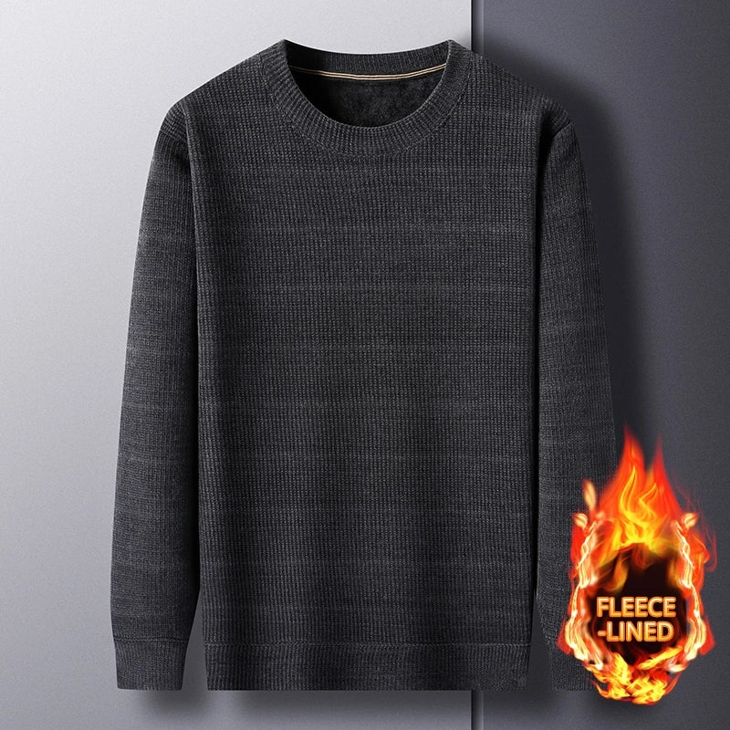 Fleece-Lined Knitted Pullover Sweater Casual Jumper for Men Insulated Warm Long Sleeve Thick Material Round Neck Design.