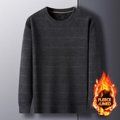 Fleece-Lined Knitted Pullover Sweater Casual Jumper for Men Insulated Warm Long Sleeve Thick Material Round Neck Design.
