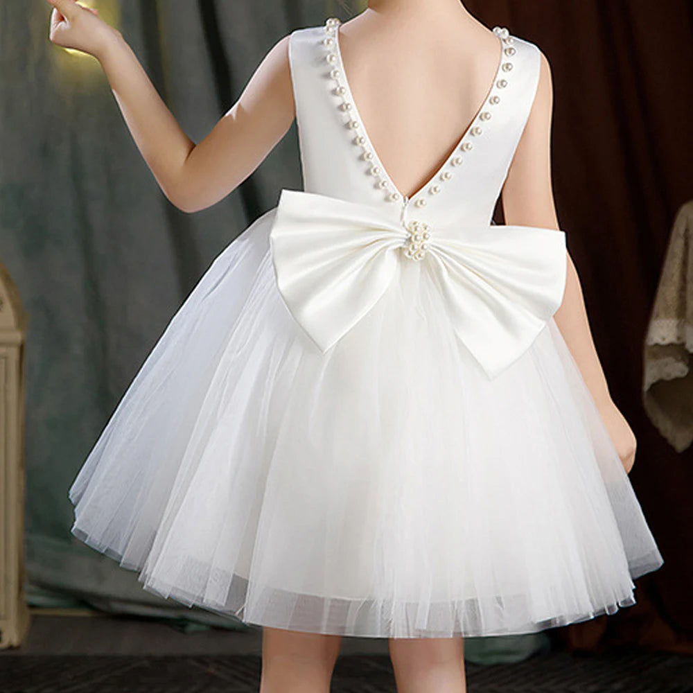 Weiße Blumenmädchenkleider für die Hochzeit, elegantes Kinder-Taufkleid und Kopfbedeckung, kurzärmelig, für Kinder, Kommunion, Geburtstagsfeier.