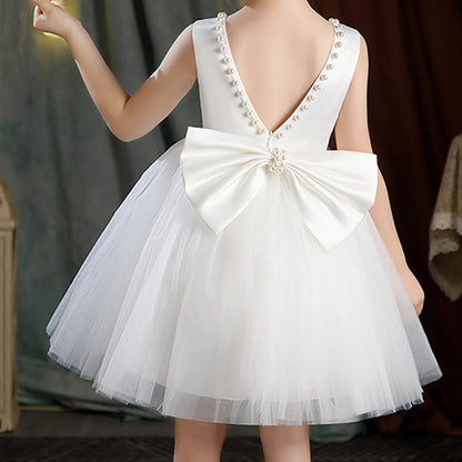 Weiße Blumenmädchenkleider für die Hochzeit, elegantes Kinder-Taufkleid und Kopfbedeckung, kurzärmelig, für Kinder, Kommunion, Geburtstagsfeier.