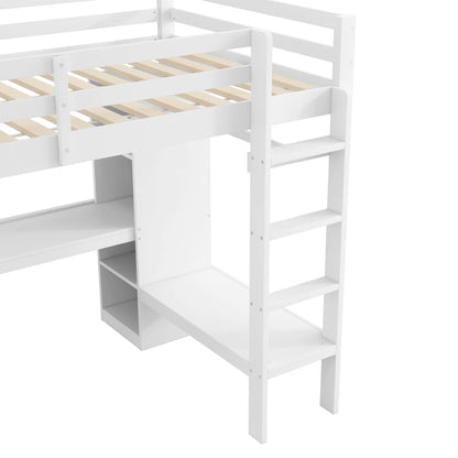 Modernes Kinder-Hochbett 140 x 200 mit Multifunktionsregalen, Unterbett-Schreibtisch, LED-Licht und USB, Kleiderschrank mit Stauraum, für Schlafzimmer