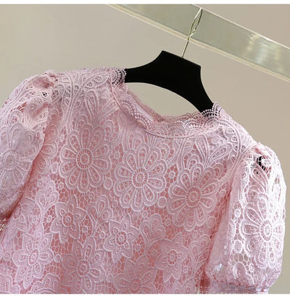 Loose Straight Korean Style Summer Top Pure Color Hooked Hollow out Ladies Lace Shirt Overhead Bubble Sleeve Women's Fashion.