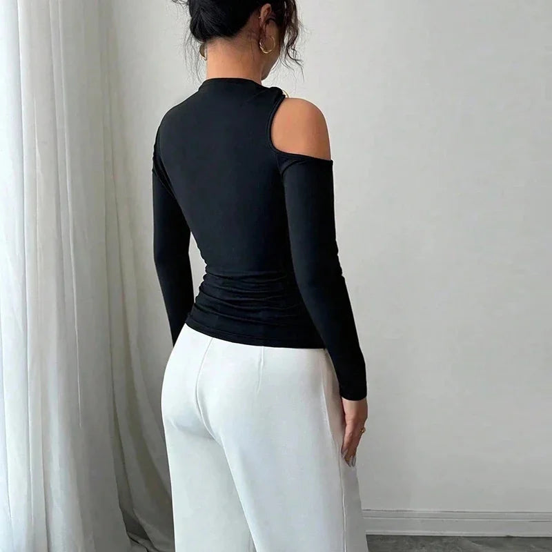Fashion Women Blouses Sexy Cold Shoulder Skinny Top Elegant Long Sleeve Shirt Women Sexy Tops Female All Match Shirt Black.