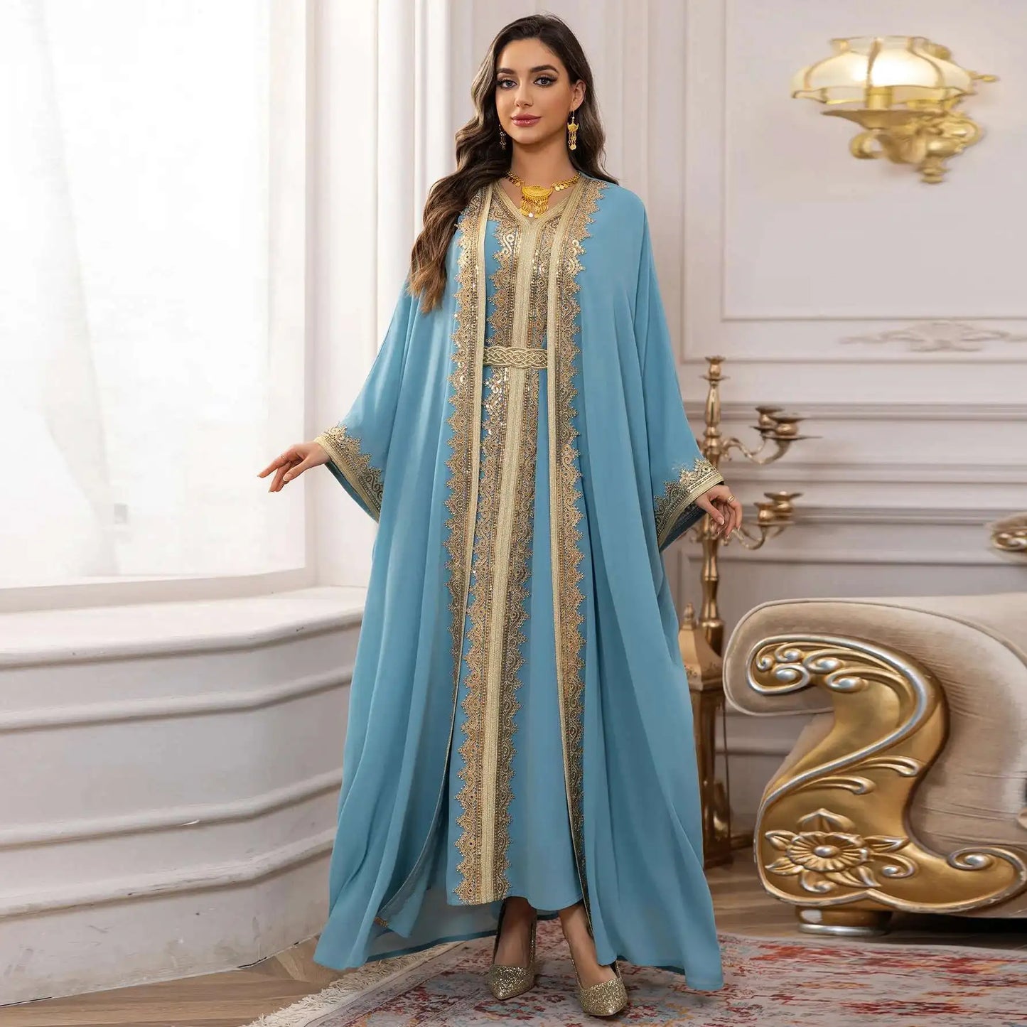 2PCS Muslimische Frauen Luxus Kimono Strickjacke Innere Kleid Set Dubai Abaya Kaftan Marokko Abend Party Kleid Djellaba Eid Jalabiya Neue.