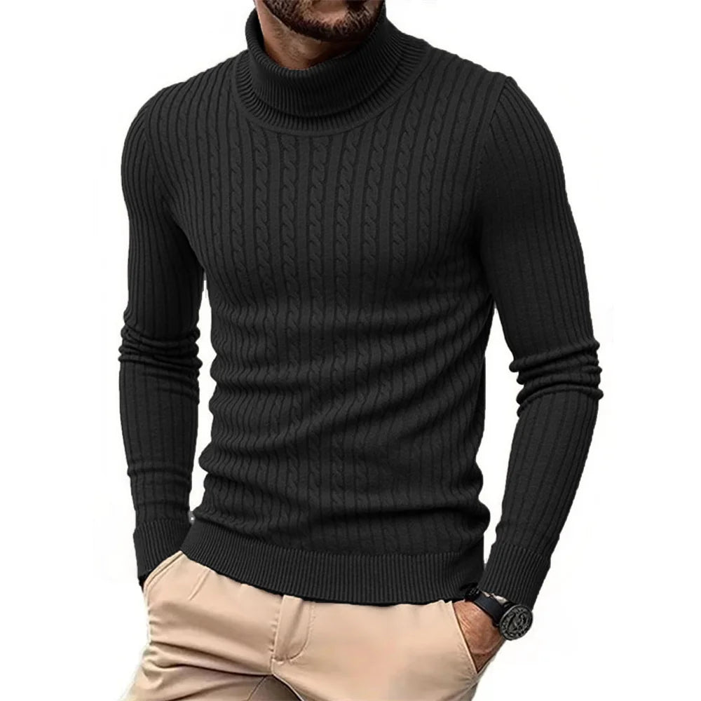 Autumn Winter Men's Turtleneck Sweater Warm Slim Fit Knitted Pullover Jacquard Striped Cozy Soft Knitwear Basic Style.