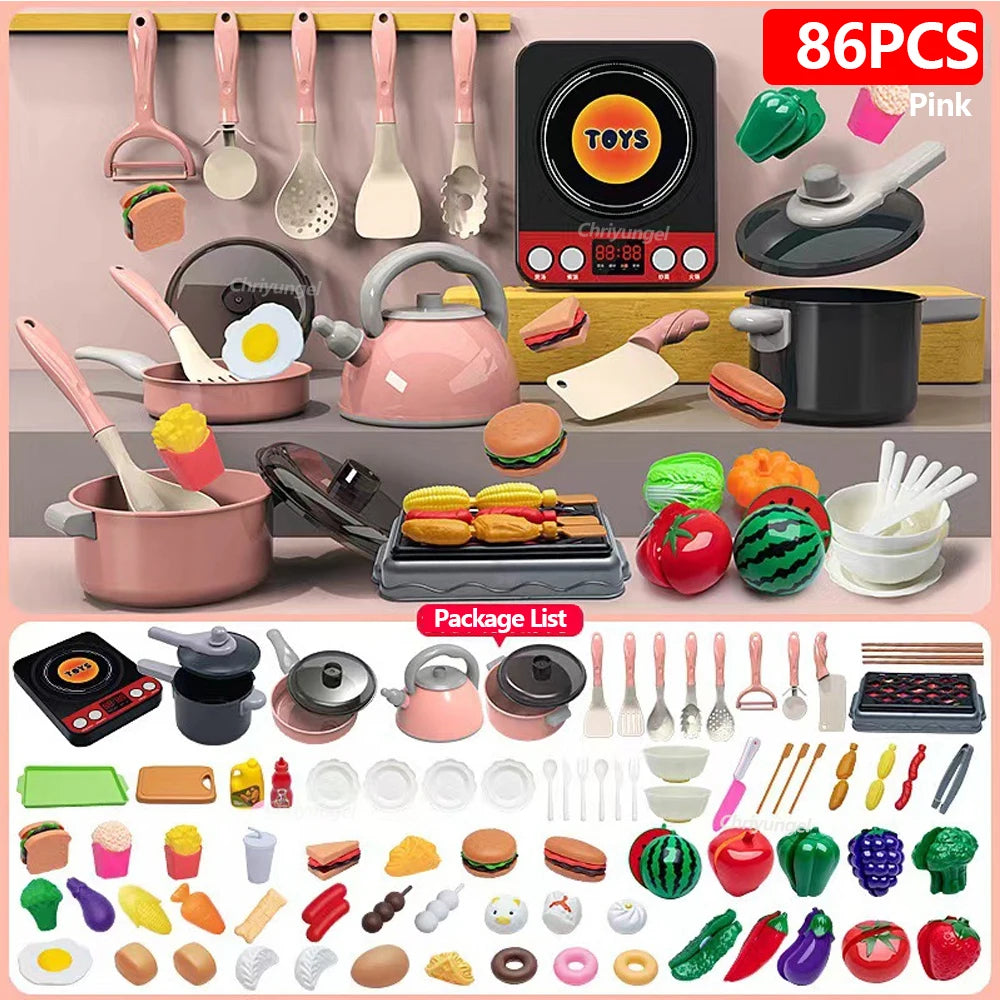Kids Kitchen Toys Set 92/86/69/59PCS Play Kitchen Accessories Kit with Play Pots Pretend Food Cooking Toy Toddler Girls Boy Gift