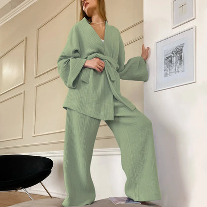 NHKDSASA Kimono Pajamas 2023 New 100% Cotton Crepe Long-Sleeved Trousers Ladies Sleepwear Suit Women's Home Service Mujer