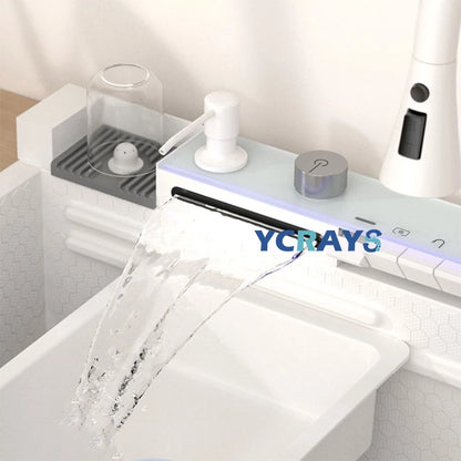 YCRAYS White Nano Kitchen Sink Large Single Slot Waterfall Integrated Digital Display Faucet Soap Dispenser Cup Washer Pure Tap
