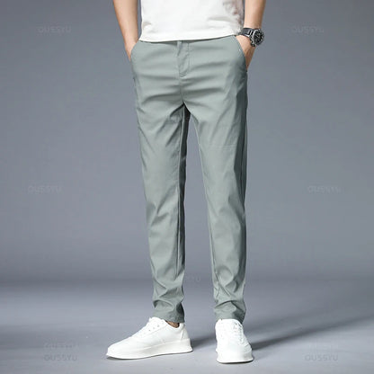 Spring Summer Casual Pants Men Thin Stretch Slim Fit Elastic Waist Business Classic Korean Trousers Male Khaki Gray 38.