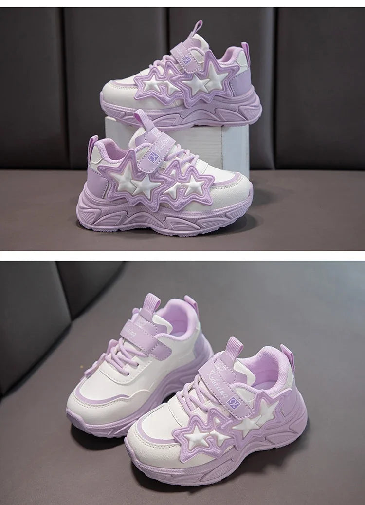 Children Casual Shoes for Girls Fashion Classic with Stars Girls Sports Running Sneakers Breathable PU + Rubber Anti-skid Soft.