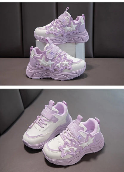 Children Casual Shoes for Girls Fashion Classic with Stars Girls Sports Running Sneakers Breathable PU + Rubber Anti-skid Soft.