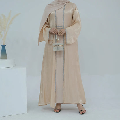 Muslim Abaya for Women Eid Dress 2 Piece Set Diamond Morocco Ramadan Lace-up Abayas Kaftan Islam Cardigan Dubai Arab Long Robe.