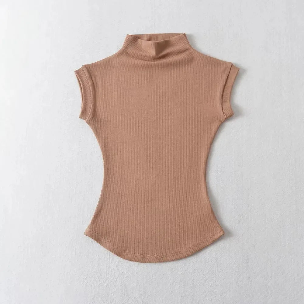 Women Summer Sexy Turtleneck Sleeveless T-Shirts Tops Solid Slim Fit Pullovers Causal Tees Shirts Female Streetwear Basics Tees.